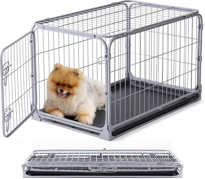 ZOMISIA Collapsible Dog Crate for Small Dogs - 30 inch Escape Proof Metal Dog Kennel with Double Door, Easy Assembly Foldable Dog Cage with Removable Tray, Indoor Outdoor Use, Silver Gray