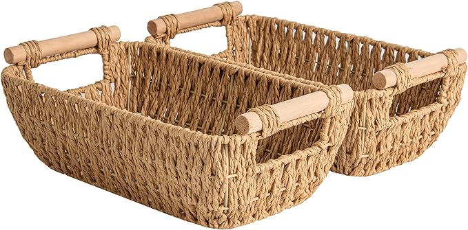 StorageWorks Hand-Woven Small Wicker Baskets, Round Paper Rope Storage Baskets with Wooden Handles, Light Brown, 2-Pack | Wicker Storage Baskets for Shelves, Baskets with Wooden Handles, 2-Pack Gifts Basket for Home Decor, Hand-Woven Basket