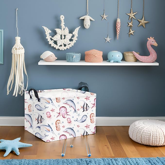 Rectangular Ocean Basket for Kids Baby Basket for Boys and Girls Cute Storage Organizer Bin Box Sea Fishes Room Decor(Sea Fishes)