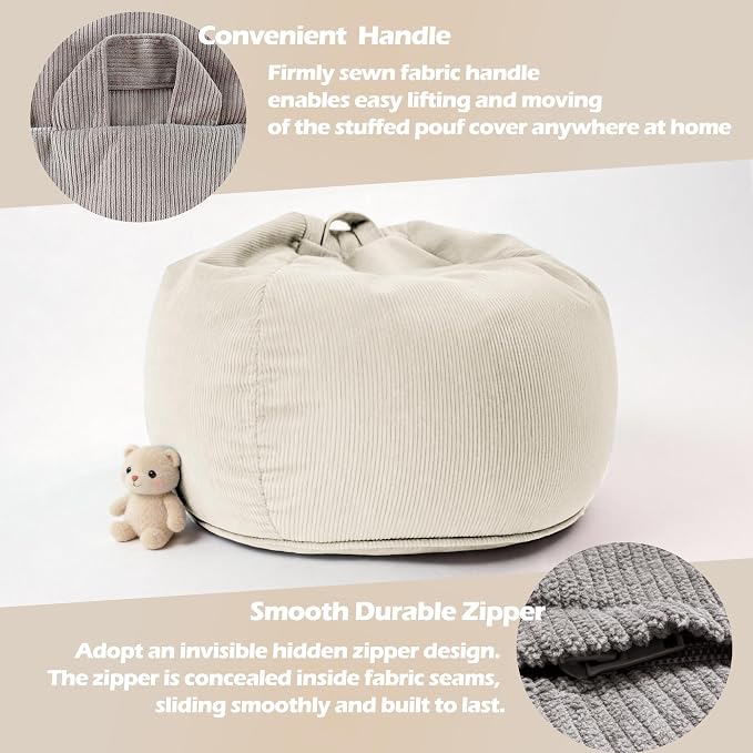 LPMOERA Stuffed Animal Storage Soft Bean Bag Cover No Filler Cream White | Skin-Friendly,Portable,Wide Easy-Load Opening,Hidden Zipper,Decorative Organizer