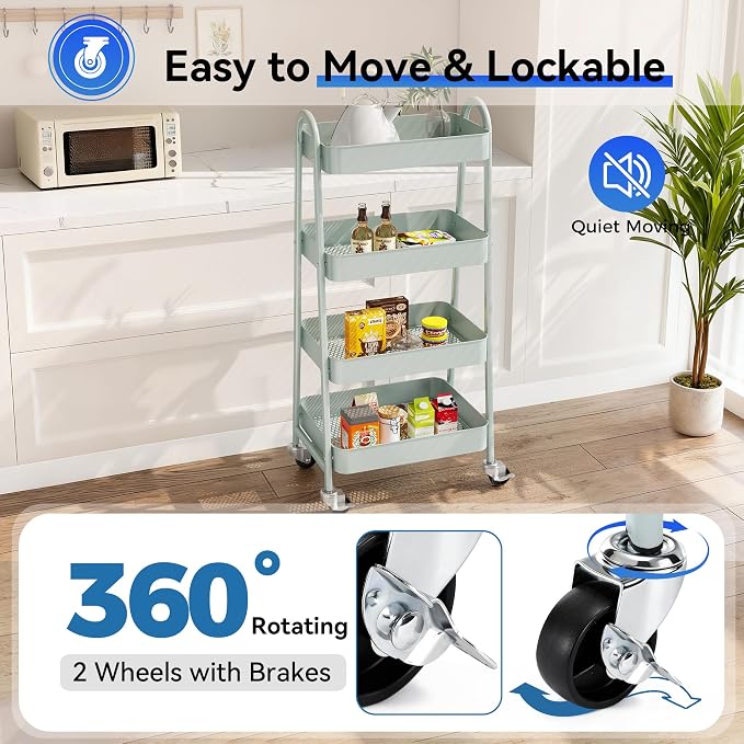 OLIXIS Metal 4 Tiers Rolling Storage Utility Cart with Lockable Wheels | Mobile Organizer Shelf, Space-Saving, Freestanding, Bathroom, Living Room, Slim, Narrow Corner Spaces, Green
