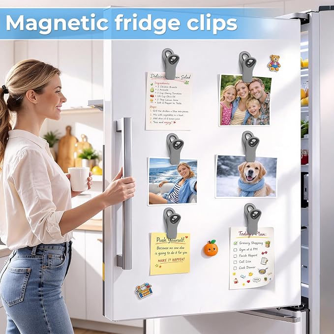 12 Pack Chip Clips, Bag Clips for Food, Magnetic Sealers for Chips and Other Food, Plastic Bag Clip for Kitchen, Fridge, Clothes, Sewing and Artwork (Grey)