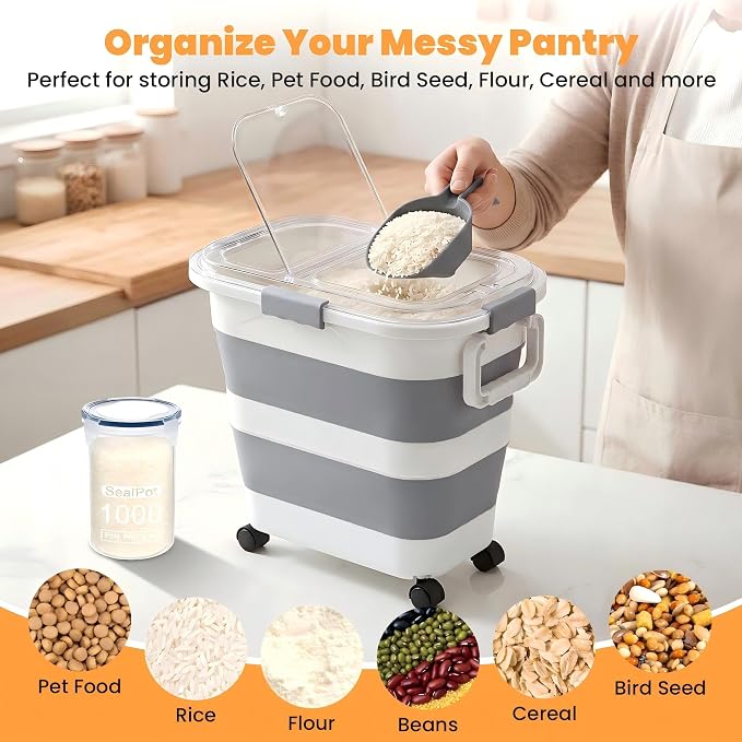 30 Lbs Rice Container, Collapsible Dog Food Storage Container | Airtight Cat Food Container with Wheels, Transparent Lid, Measuring Cup, Scoop and Handle, BPA Free for Pet Food, Bird Seed