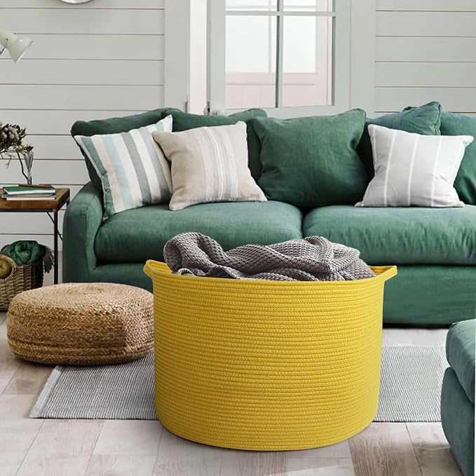 Extra Large Yellow Basket, 22” X 22” X 14” Cotton Rope Yellow Decor for Living Room Bedroom, Woven Basket for Blanket, Laundry, Towel, Shoe, Baby Nursery Toy Organizer, Room Decor Storage Bin
