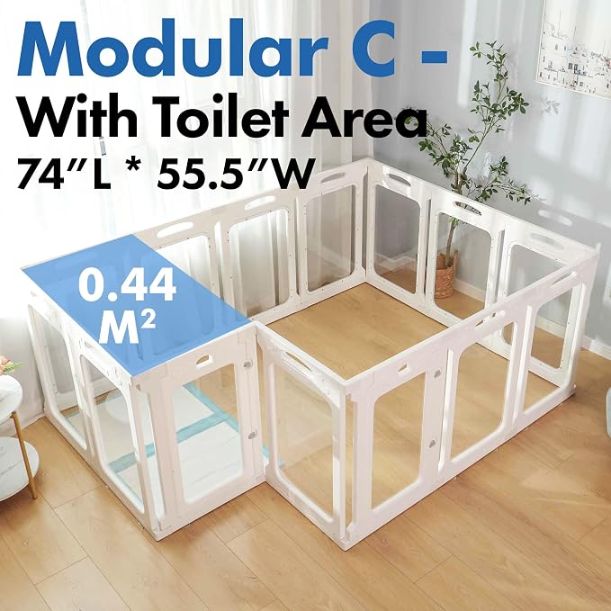 Clear Acrylic Indoor Dog Playpen, 24" H, 14 Panels, White | Open View, Modern Home Fit, No Climbing Bars, Tool-Free Setup, For Puppies & Small Dogs