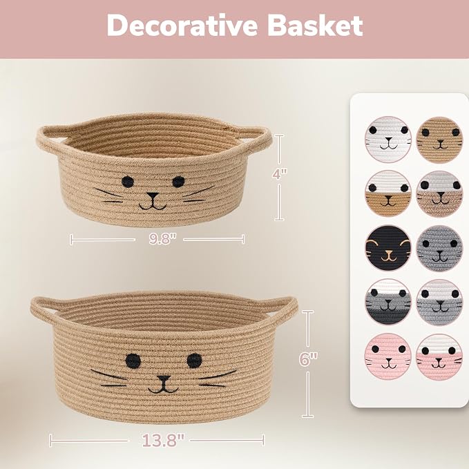 Small Woven Rope Cat Toy Basket with Cat Face Design, White Pink | 9.8" x 4" Cute Toy Storage Bin for Girls' Living Room & Nursery, Baby Gift Baskets Empty with Sturdy Handles