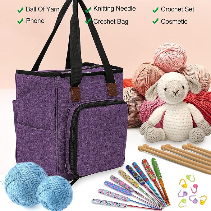 Coopay Crochet Bag w/Shoulder Strap, Yarn Storage Knitting Tote Bag-Purple | Portable Traveling Crochet for Crocheter, Large Capacity Storage Crochet Supplies Yarn Organizers Unfinished Project