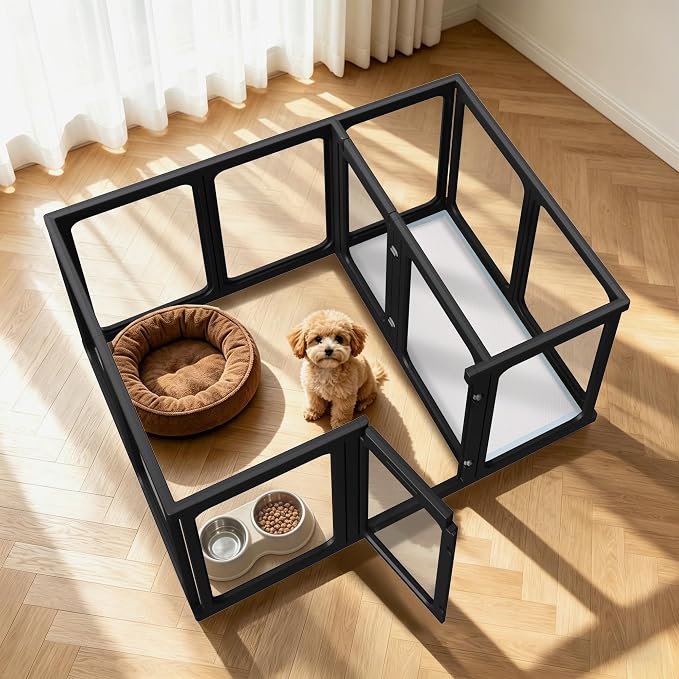 Jalove Acrylic Indoor Dog Playpen for Small and Medium Dogs, 24 inch, 2 Panels, Includes 1 Gate & 1 Panel, Black