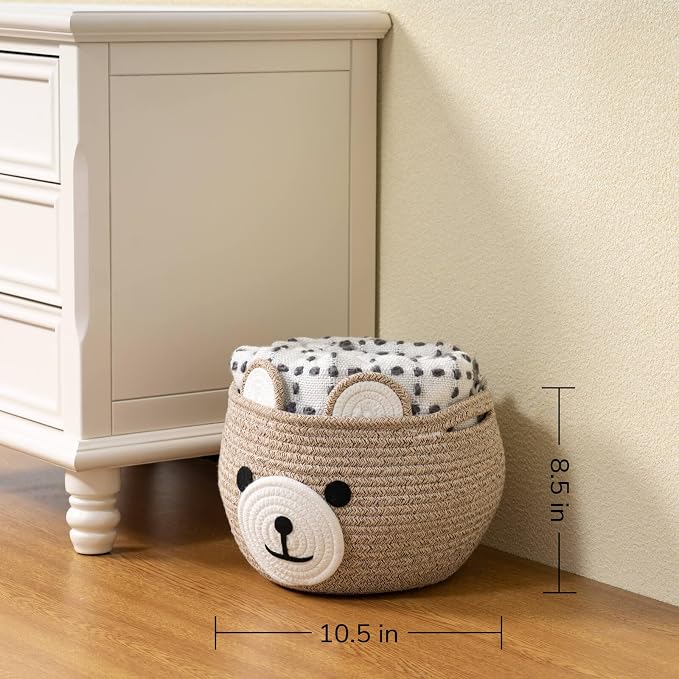 CherryNow Baby Basket for Gifts Empty, Cute Bear Design, Light Brown | 10.5" x 8.5" Baby Shower Basket for Kids Boys Newborn Storage, Toy Basket for Living Room Nursery Décor, Soft Cotton Rope