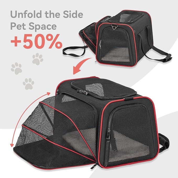 Petsfit Medium Expandable Cat Carrier for Air Travel, Up to 13 lb | 17 x 11 x 11 in; sized for Delta Air Lines, with locking zippers, a handy D-ring, large pocket and multi-side ventilation.