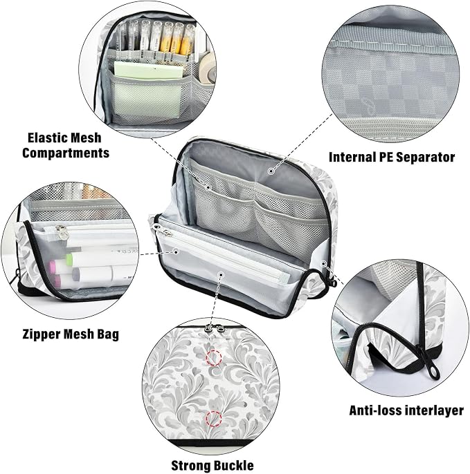 Aslsiy Large Capacity Pencil Case Floral Baroque Damask Grey (4) Pencil Pouch for Boys Girls Portable Pen Bag Organizer Standing Makeup Bag for School Office Supplies