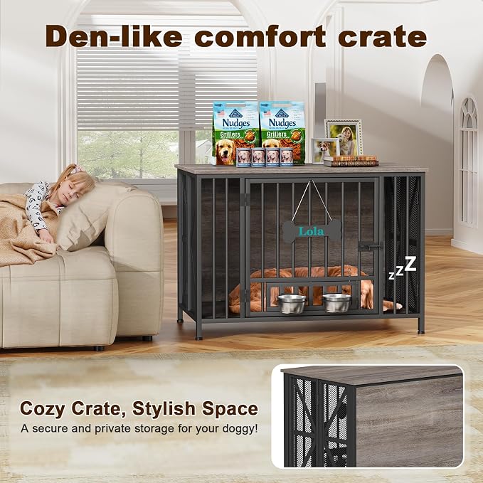 EasyCom Foldable Dog Crate Furniture, 41.3" Dog Crates for Medium/Large Dogs, Wooden Dog Kennel Indoor with Tag & Adjustable Bowls, Dog Cage Use as End Table/TV Stand, Oak Grey | Foldable Large Dog Crate Furniture for Large Dogs, Wooden Dog Cage Use as...