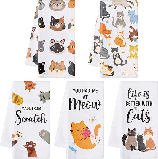 R HORSE 5Pcs Funny Kitchen Dish Towels, Cute Cat Dishcloths Gift, Absorbent Dish Tea Towels Reusable Bar Hand Dishcloths Decor for Bathroom Kitchen Home Supplies Gift for Mom Woman Cat Lovers