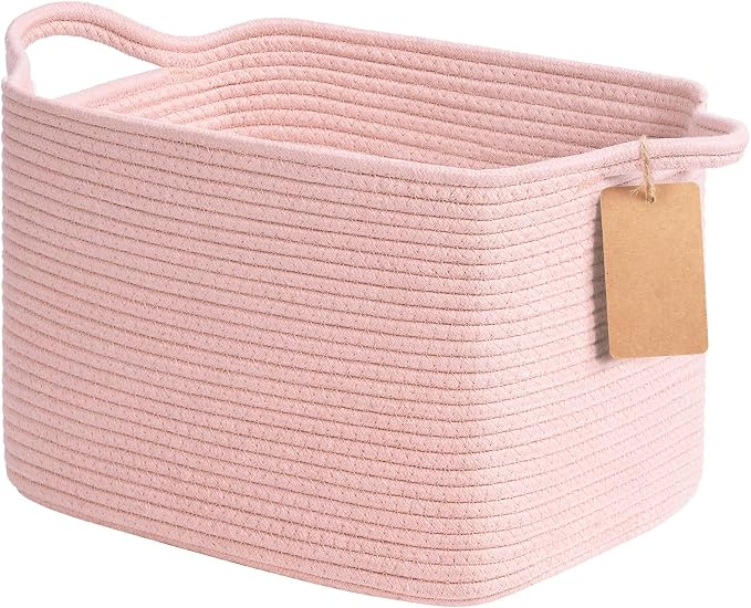 Goodpick Woven Rope Storage Basket for Shelves, Rectangle, Pink | 13" × 10" × 9" Stylish Gift Basket for Nursery, Bedroom & Bathroom Organization, Fits Toys, Towels & Baby Essentials Storage