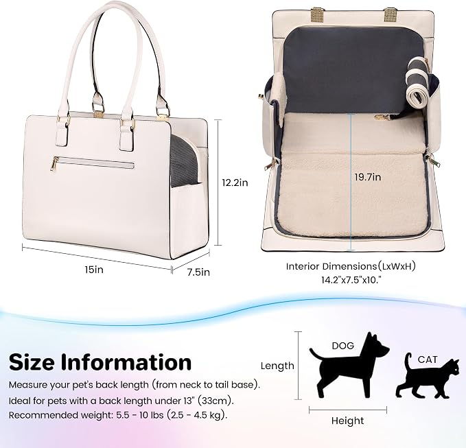 Dog Purse Carrier for Small Dogs, Stylish Foldable Pet Carrier Purse Tote Bag with Washable Cushion & Safety Leash, Airline Approved Puppy Travel Bag with Pockets (White)