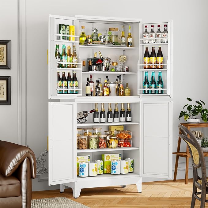 White Kitchen Pantry Storage Cabinet, 75" Metal Storage Cabinet | Steel Storage with Doors and 3 Adjustable Shelves, Metal Freestanding Buffet Cupboards Sideboard, for Office, Home, School