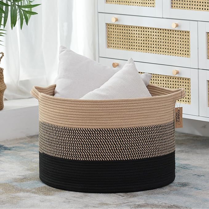 COMFY-HOMI XXXL Large Laundry Basket, Cotton Rope Nursery Woven Basket for Storage, Blanket Baskets Living Room Laundry Hamper, Dog Toy Storage Organizer, Home Decor-21''x21''x13.6''-Jute and Black