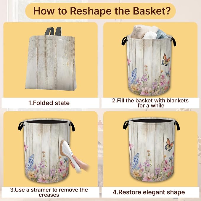 Collapsible Laundry Basket,Rustic Floral Waterproof Oxford Cloth Hamper with Handles,Butterfly Garden 16 x 20.8 Inch Portable Storage Organizer for Laundry Room Bedroom