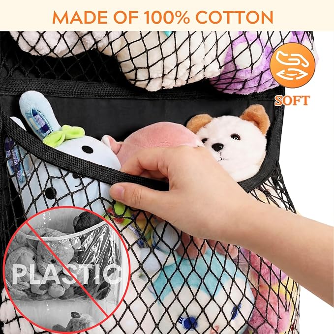 Over The Door Stuffed Animal Storage, Cotton Toy Organizer for Storage Plush Toys, Stuffed Animal Holder with 4 Large Pockets, Hanging Door Organizer for Nursery, Bedroom (Black)