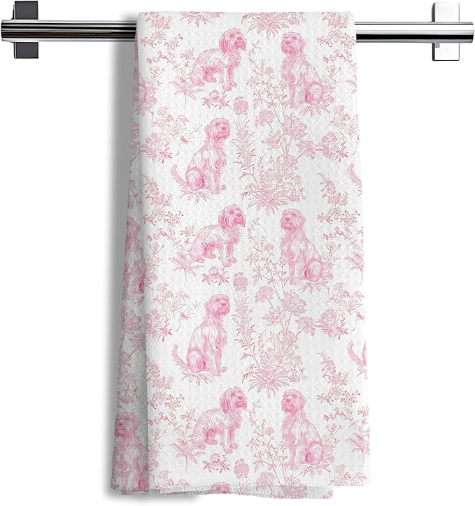 Shih Tzu Dog Gifts for Pink Chinoiserie Floral Decor Kitchen Towels，Pink Shih Tzu Dog Grandmillennial Decorative Dish Tea Towels for Kitchen Bathroom,16x24 Inch
