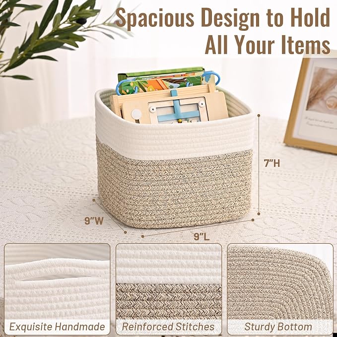 3 Pack Cube Storage Bin, 9”x9”x7” Cotton Rope Woven Baskets for Organizing Toys Clothes Towels, Square Gift Storage Baskets for Shelves, Nursery, Closet, Bathroom, Pantry (White & Jute)