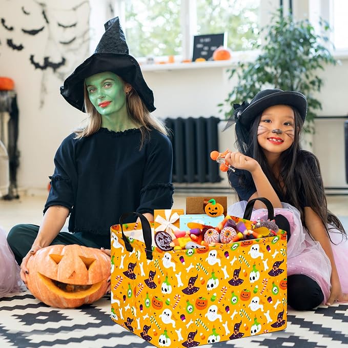 Halloween Empty Storage Basket with Handles Open Gifts&Candy Spooky Basket stuffers for Kids Baby Collapsible Women Organizer Bins Toys Boxes for Shelves Home Office