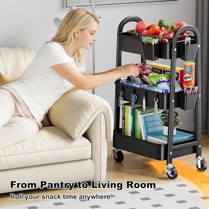 3 Tier Metal Rolling Cart Organizer, Black Utility Storage Cart with Wheels | Three Tiered Utility Roller Shelf for Craft, Art Supply, Snack, Laundry, Bathroom, Baby Essentials, Diaper Caddy, Nursery