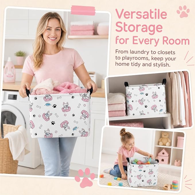 Large Dog Toy Basket Puppy Box Storage Bin (Pink Black) | Holder French Bulldog Stuff Organizer, Room Decor Gifts