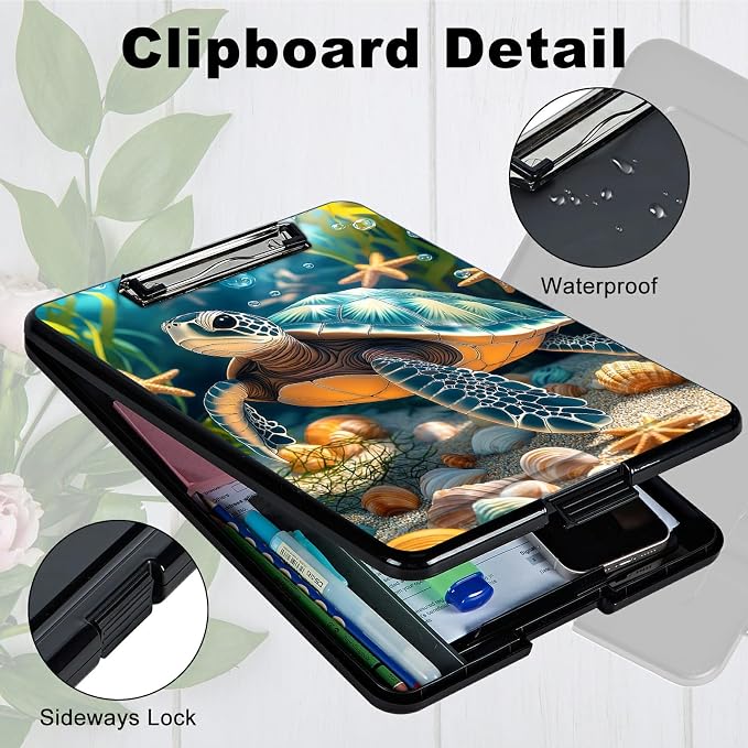 Heavy Duty Storage Clipboard, Slim Nursing Clipboard with Internal Pen Case, Portable File Organizer Case for A4 Letter Size Paper Office Medical Professionals, Sea Turtle Seaweed