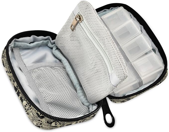 Gothic Skull Skeleton Pill Case, Portable Weekly Pill Box Bag Container 7 Days Pill Organizer Vitamin Supplement Holder with Zipper for Travel Family Business