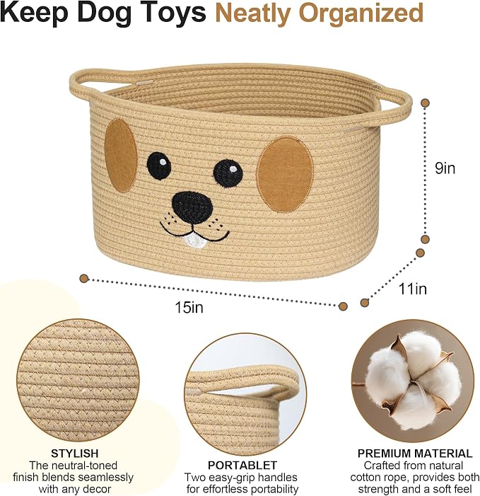 Woven Dog Toy Basket, Cute Dog Toy Bin with Embroidered Face, Soft Cotton Rope Puppy Storage Box Holder for Living Room, Decorative Pet Stuff Organizer, Puppy Room Decor Basket, 15"x11"x9"