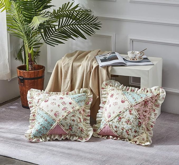 Brilliant Sunshine Pink & Green Roses Ruffle Pillowshams Set, 18"x18" | Patchwork Design with Ruffles, Quilted Pillow Covers, Washable Throw Cushion Cases for Couchs and Beds, Pack of 2