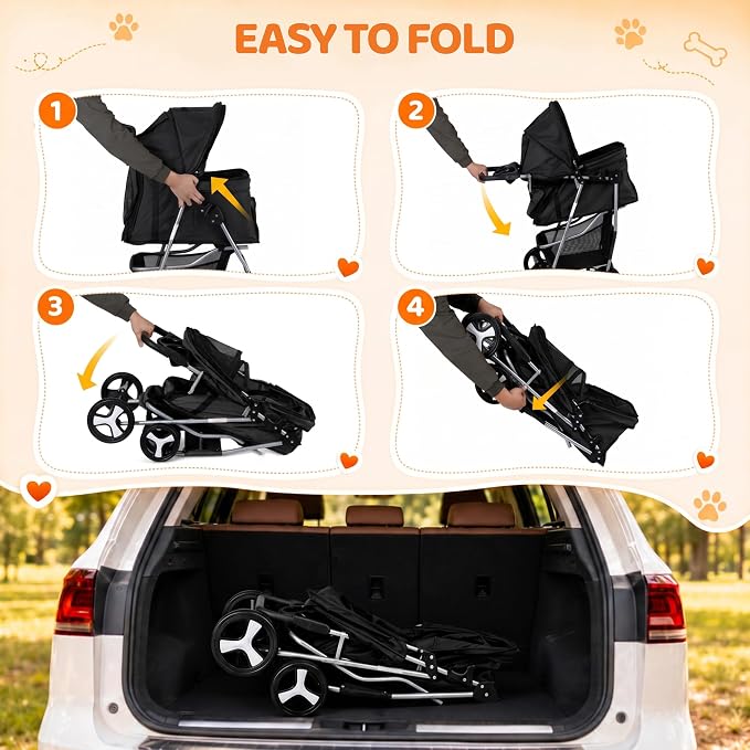 ZENY Foldable Pet Stroller, Cat/Dog Stroller with 4 Wheels | Pet Travel Carrier Strolling Cart with Storage Basket, Cup Holder, Black