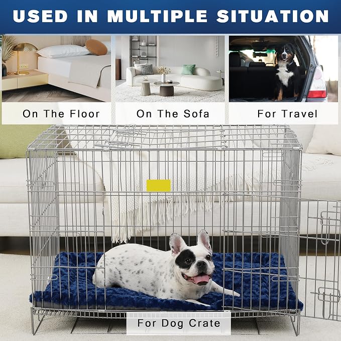 Exsnugy Washable Dog Bed Mat Large Size Fluffy Pet Crate Pad 42x28 XL | Non-Slip Bottom Kennel Beds Ultra Soft Comfy Sleeping Mattress for Large Medium Small Dogs Blue