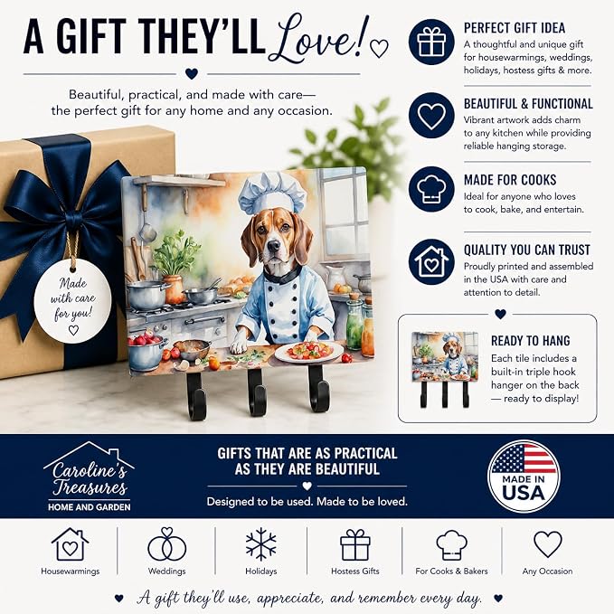 Caroline's Treasures Beagle The Chef Leash or Key Holder Wall Hooks, Key Hooks Holder, Coat Rack Wall Mount, Coat Hooks, Hooks for Hanging Keys, Towels, Aprons, Leashes | Beagle The Chef artwork on ceramic tile with three steel hooks for keys, leashes,...