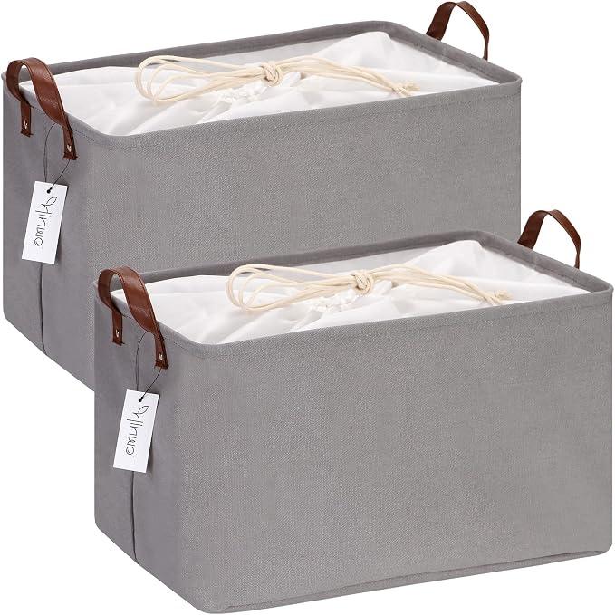 Hinwo 31L Large Canvas Storage Bin with Lid and Handles, 2-Pack | Collapsible Fabric Baskets, Closet Shelf Organizers, Containers for Clothing, Blankets, Toys, Bedding (Gray)
