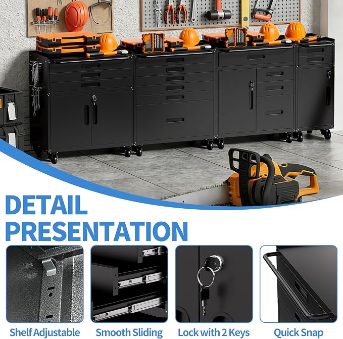Metal Storage Cabinet for Garage, Tool Cabinet, Utility Cabinet | Wheeled, Rolling Tool Cabinet, 3 Drawers, 2 Doors Lockable, Top Countertop, Pegboard, Assembly Required, Black