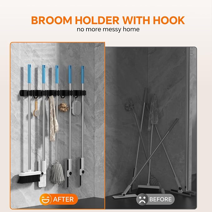 5 Grippers Broom Holder Wall Mount with 4 Hooks Stainless Steel, Black | Self Adhesive or Screw Mop and Broom Organizer, Heavy Duty Storage Rack for Garage Kitchen Laundry Room Closet Garden