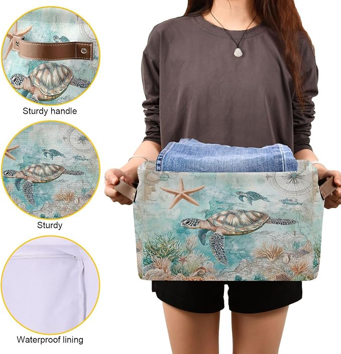Nautical Starfish Fabric Storage Basket - Foldable, 16x12x8 Inches
