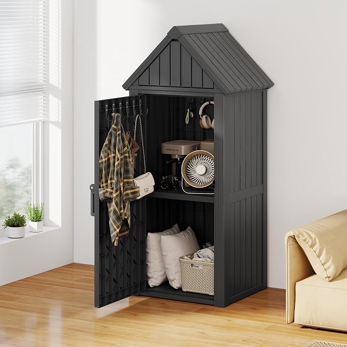 Outdoor Storage Cabinet, Lockable Vertical Resin Storage Shed, Black