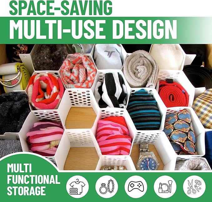 Evelots 4-Pack Honeycomb Drawer Organizers, 112 Cells, Expandable Dividers | Expandable modular dividers create 112 cells for socks, underwear, bras and baby clothes in home, RV, dorm or closet drawers.
