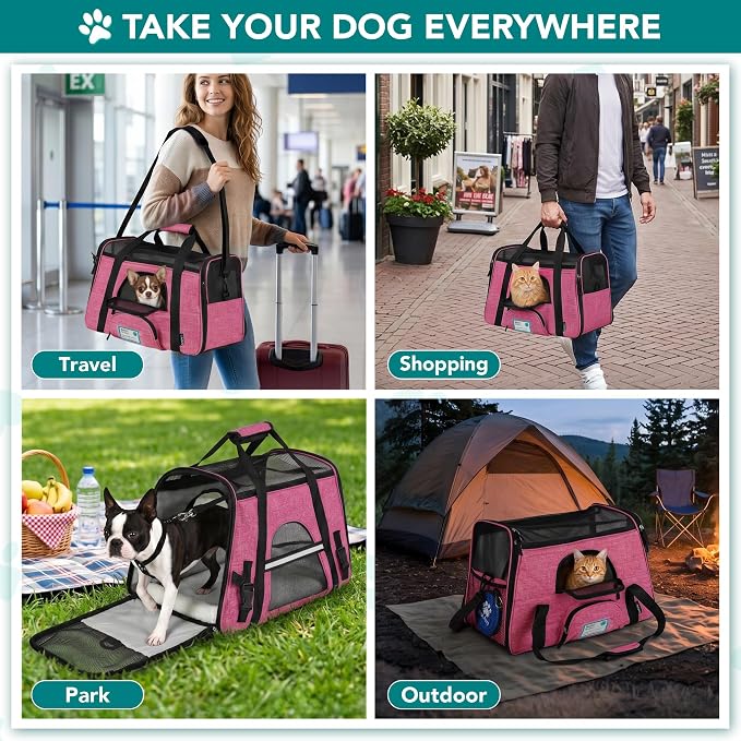 PetAmi Airline Approved Pet Carrier for Cats Small Dogs, Large Heather Pink | Soft Sided TSA Travel Bag, Sherpa Bed, Breathable Mesh Ventilation, Collapsible Bowl, Fits Under Seat, Up to 18 lbs