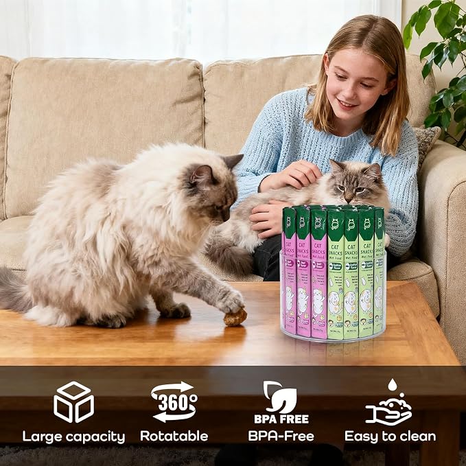 Lickable Cat Treats Organizer, Lazy Susan Acrylic Squeeze Up Cat Treats Storage Organizer with 4 Compartments, Wet Cat Treats Storage for Kitchen Cabinet Pantry Shelf Countertop