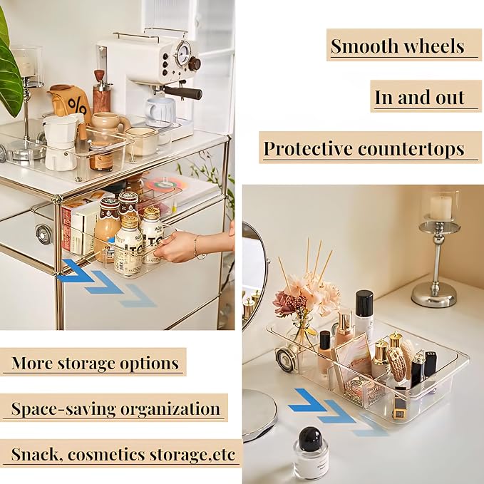 Rolling Clear Storage Box with Wheels (1 Piece) – Transparent Organizer Drawer for Kitchen, Bathroom, Pantry or Under Fridge – Adjustable Divider, Anti-Slip Base, Durable PET Plastic