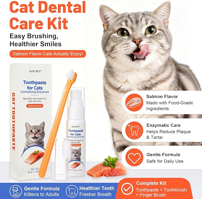 Cat Toothbrush and Toothpaste Kit - Salmon Flavor Enzymatic Cat Toothpaste for Plaque & Tartar Control - Includes a Long Handle Brush & a Soft Silicone Finger Brush for Felines, 1.06 oz