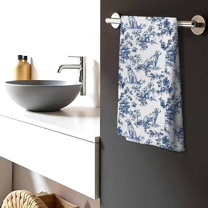 Chinoiserie Golden Retriever Kitchen Towels, Golden Retriever Gifts Decorative Dish Tea Towels, Blue and White Floral Grandmillennial Botanical Dog Hand Towels for Kitchen Bathroom, 16x24 Inch