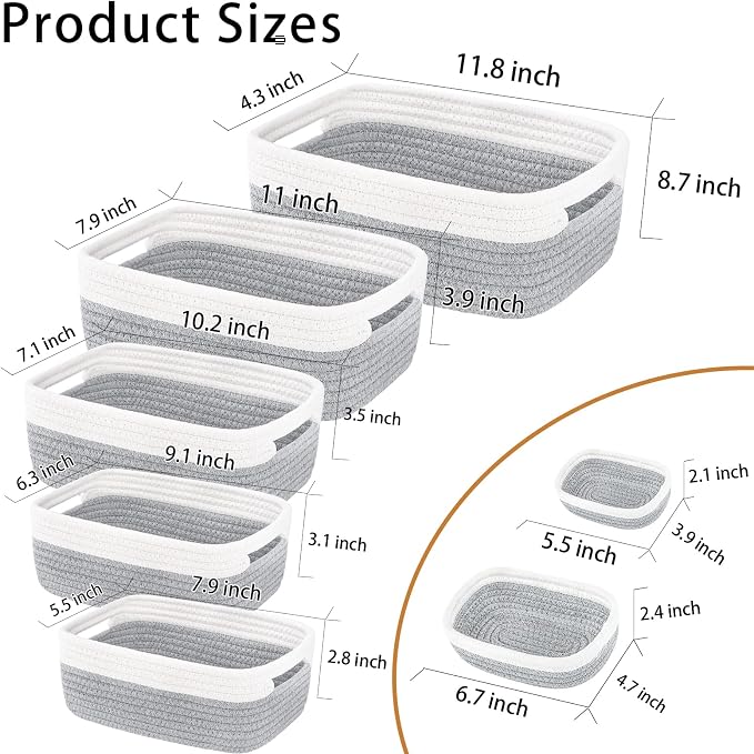 7 Piece Cotton Rope Woven Basket Set - Small Basket for Baby Nursery, Pets, Montessori, Dog & Cat Toy Boxes, Bathroom Organization Bins (White/Gray)