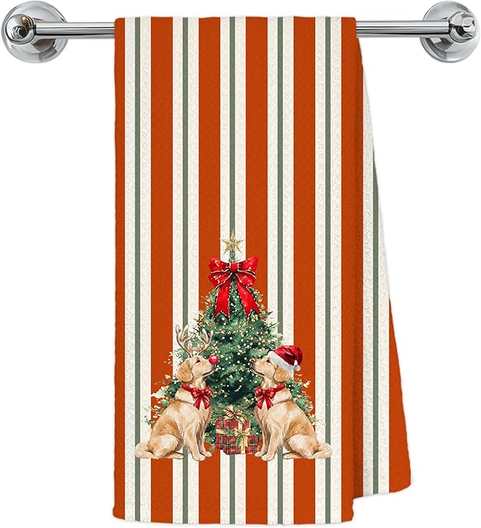 Christmas Tree Golden Retriever Kitchen Towels, Golden Retriever Lover Gifts Dish Tea Towels for Kitchen, Red and Green Striped Christmas Dog Hand Towel for Bathroom, 16x24 Inch