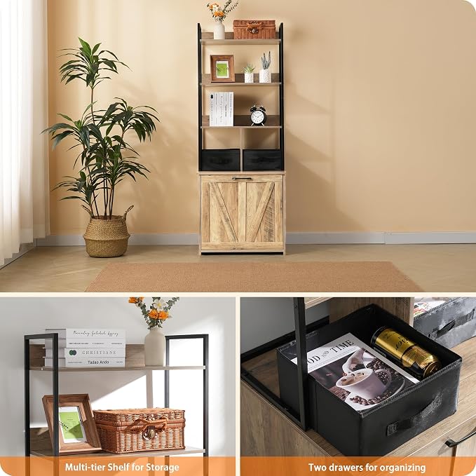Dwanton Cat Litter Box Enclosure, 3 Storage Shelves and 2 Drawers, 61.8" H | 2-in-1 Hidden Cat Litter Box Enclosure Furniture with Shelf, Metal Frame, Reversible Entrance, Washable Drawers, Greige