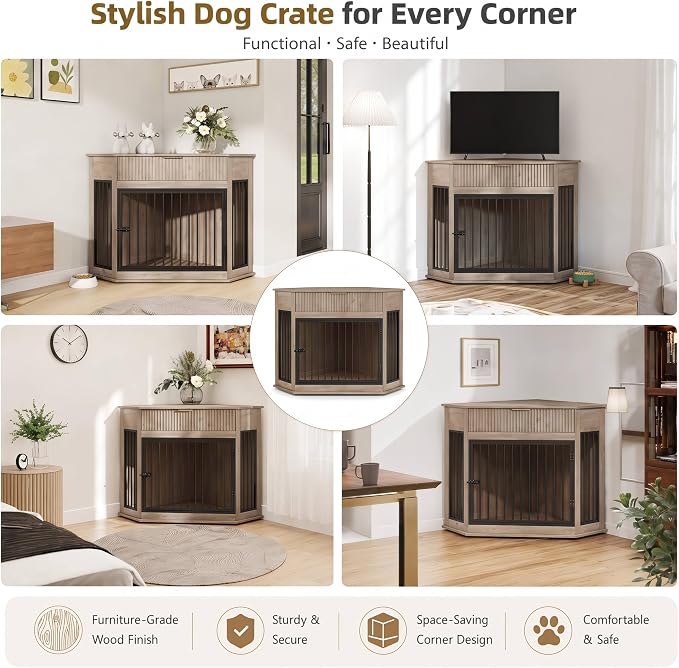 44.6" Corner Dog Crate Furniture for Small Medium Dogs, Modern Medium Size Decorative Dog Crates End Table with Fluted Drawer, Wooden Dogs Cage Kennel Furniture for Home Décor, Grey Oak